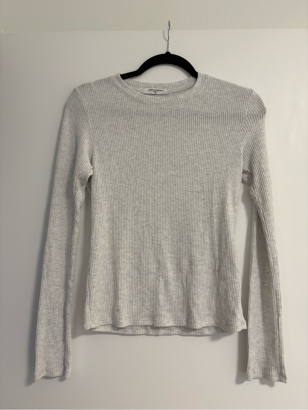 perfectwhitetee Light Gray Ribbed Long-Sleeve Crewneck Top